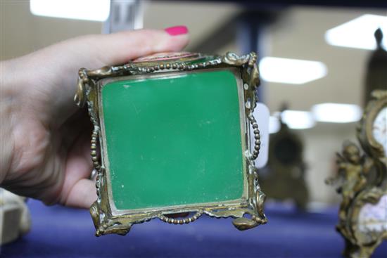 A 19th century French gilt metal mounted glass scent bottle, inset with painted and enamelled plaques, height 13cm